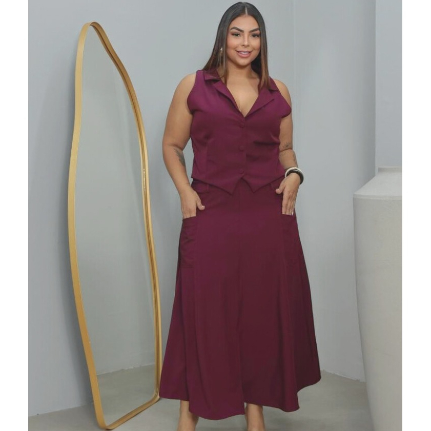 Conjunto Feminino Elegante Colete E Saia Longa Fenda Louis Twill M ao G3 Moda Evangélica