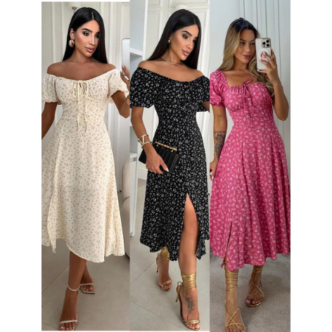 Vestido Mídi Romântico Floral com Manguinha e Elastex Cruzado Costa Tendencia 2026