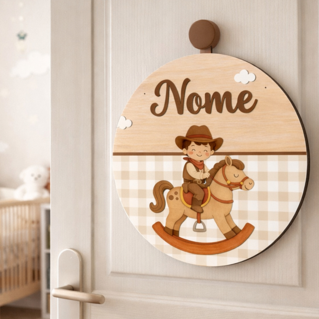 Fâmula Fazendinha Cavalo de Balanço Cowboy • Porta Maternidade Personalizada • MDF Quarto Infantil