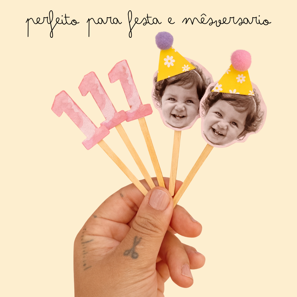 Topo de Doces com Rostinho Personalizado Kit 15 ou 25 Unidades | Topper para Docinhos Festa Infantil