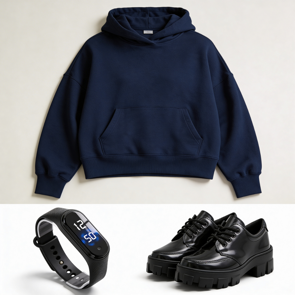 Kit Feminino 3 Peças Smart Band Preta + Moletom Azul Escuro + Mocassim Preto Tratorado Casual Fashion