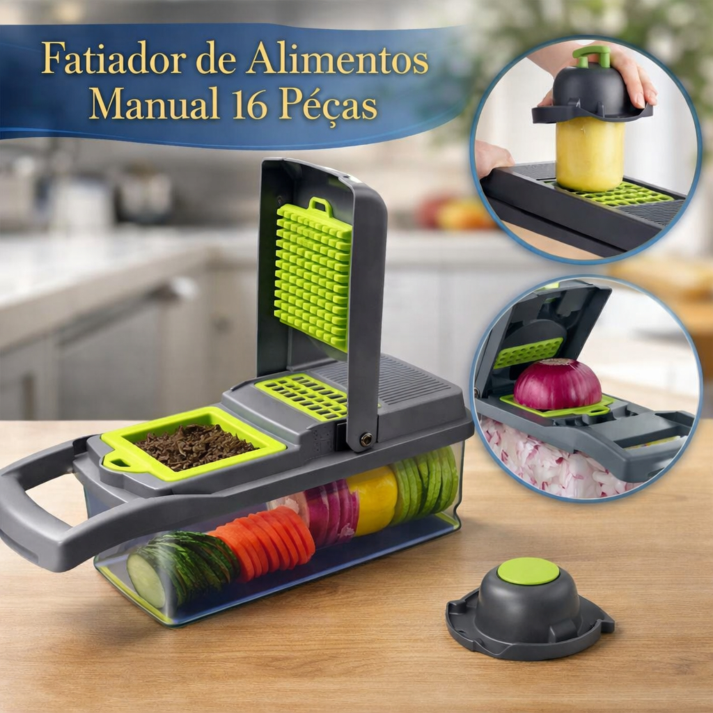 Kit Fatiador Ralador Cortador Alimentos Manual 16 Peças Lâminas Cesto Cozinha Picador Multifuncional