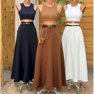 Saia Longa Feminina Alfaiataria Moda Evangélica Casual Básica Inverno com Cinto Cintura Alta Elegante