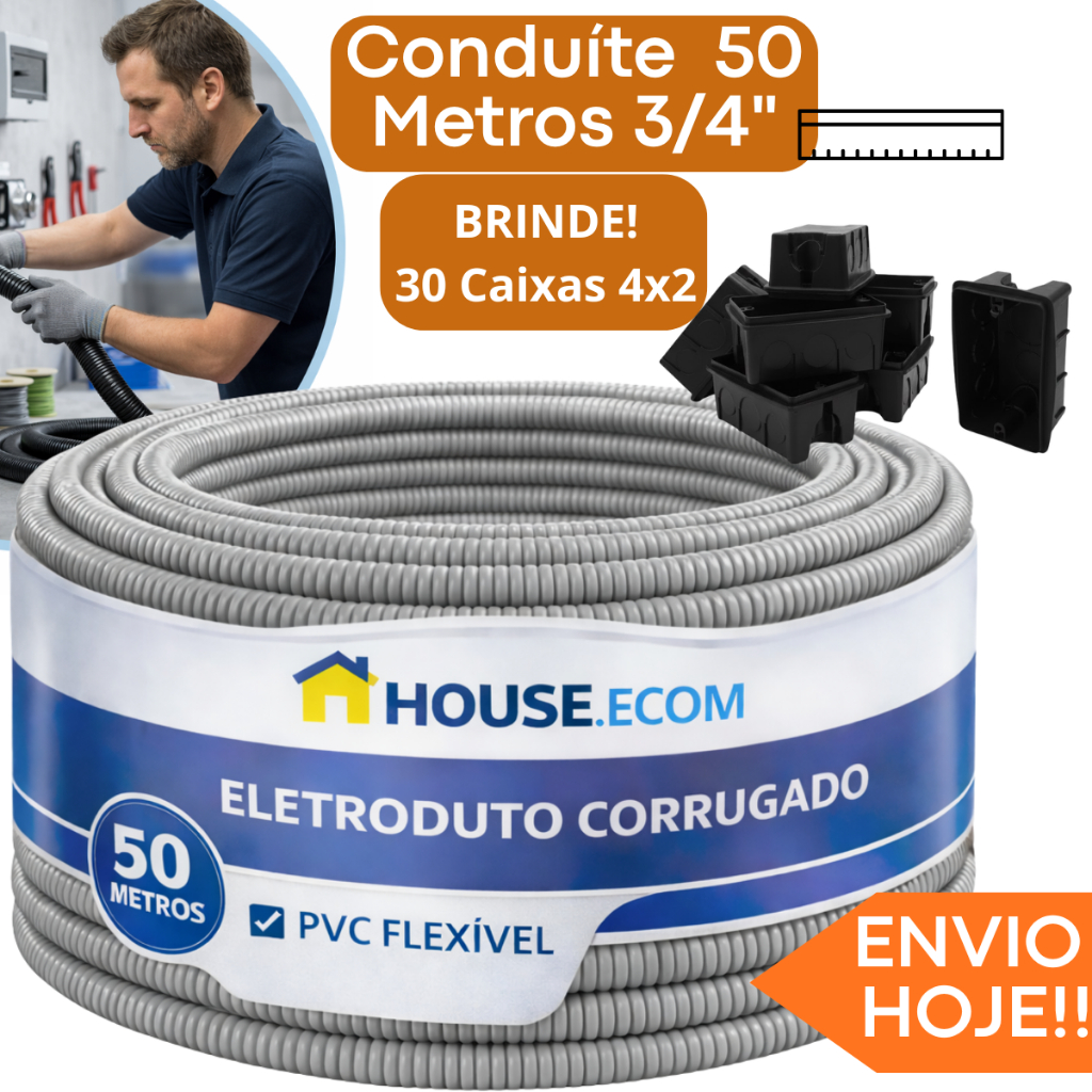 Conduíte 3/4 Eletroduto Corrugado Kit Rolo 50 Metros +30 Caixinhas 4x2 Preta