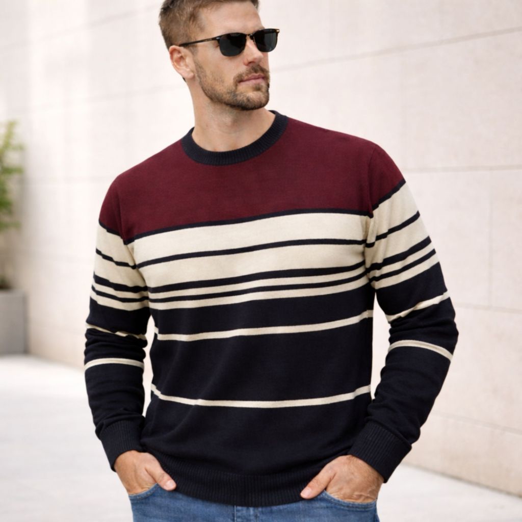 Blusa Masculina Suéter Tricô Listrado Inverno Fio de Lã Premium Malha Grossa Casual