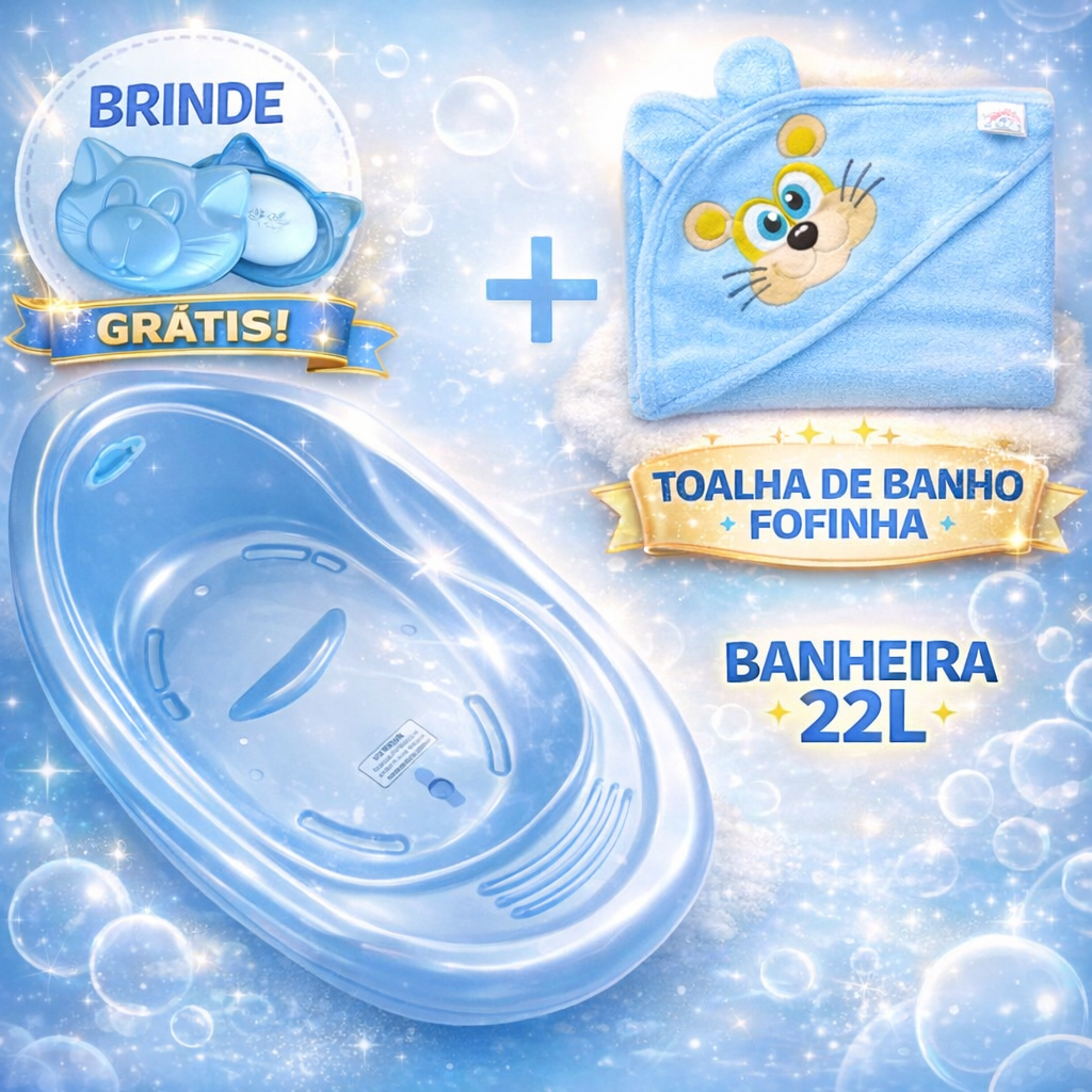 Kit Toalha de banho + Banheira de Bebe 22L + Saboneteira de Brinde Premium