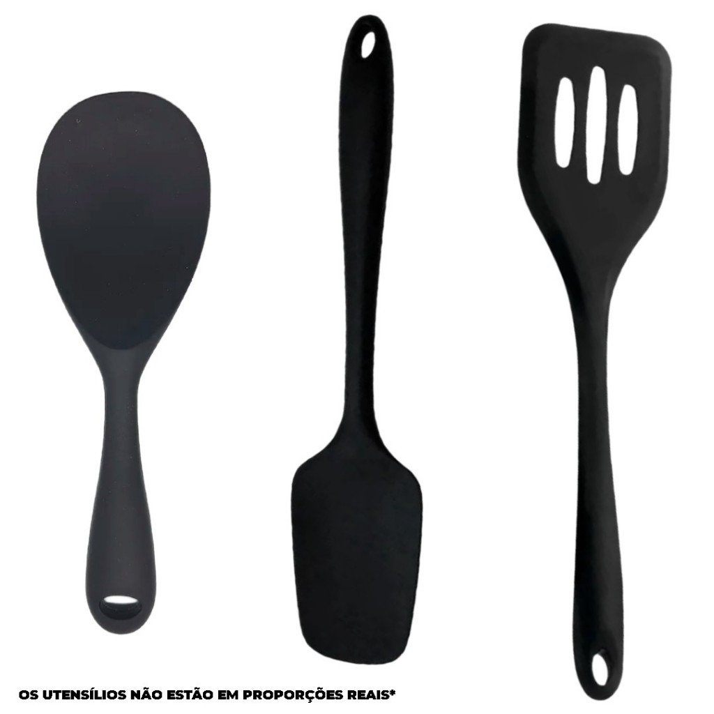Kit Utensílios de Silicone 3 Peças Cozinha Colher de Servir + Espátula Vazada + Espátula Multiuso Antiaderente