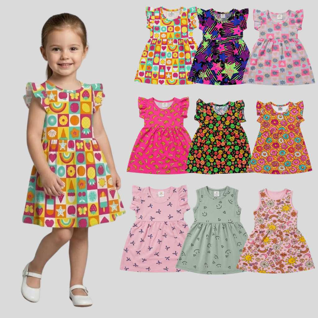 Kit 2 Vestidos Menina Infantil Estampas Diversas Tendência Moderna Roupa Menina Sortida Conforto