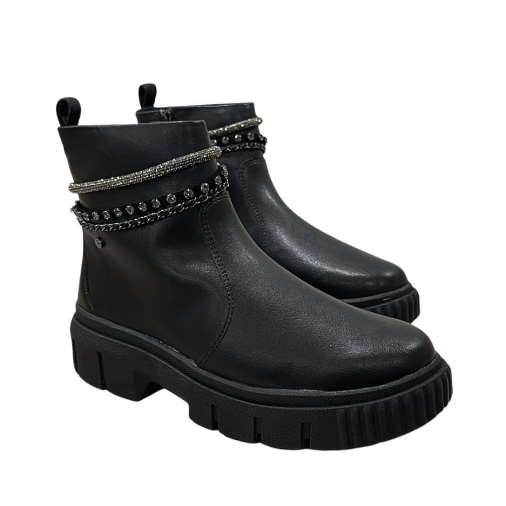 Bota Coturno Ramarim Original Preta Com Detalhes Corrente Brilhosa e Strass Estilosa 99105