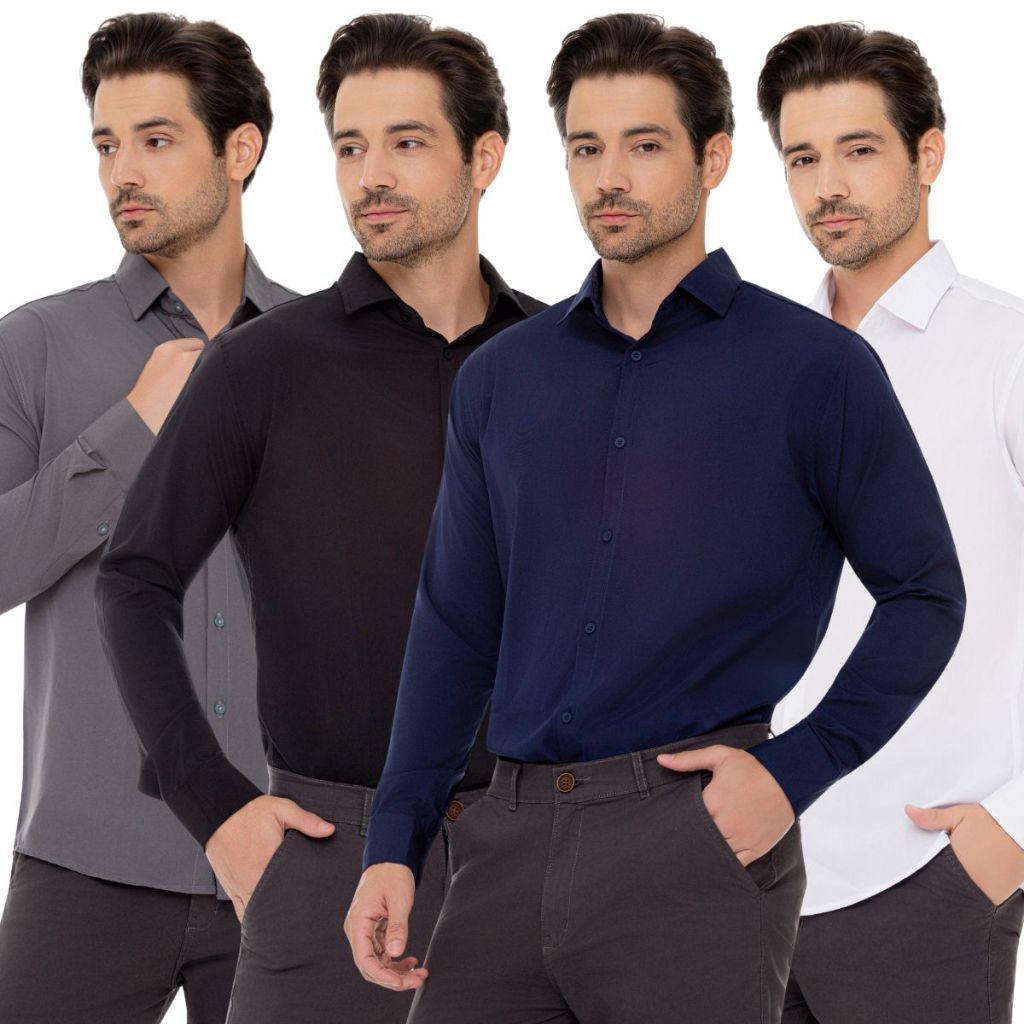 Camisa Social Masculina Manga Longa Slim Elegante Casual Trabalho Confortável Premium Passa Fácil