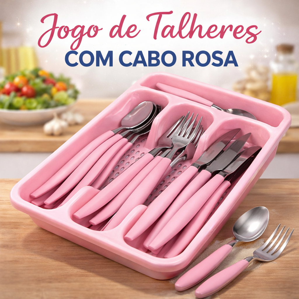 Jogo Talheres Completo Inox Rosa Com 24 peças Porta Talheres Organizador Cozinha Moderno Gaveteiro Duravel Resistente