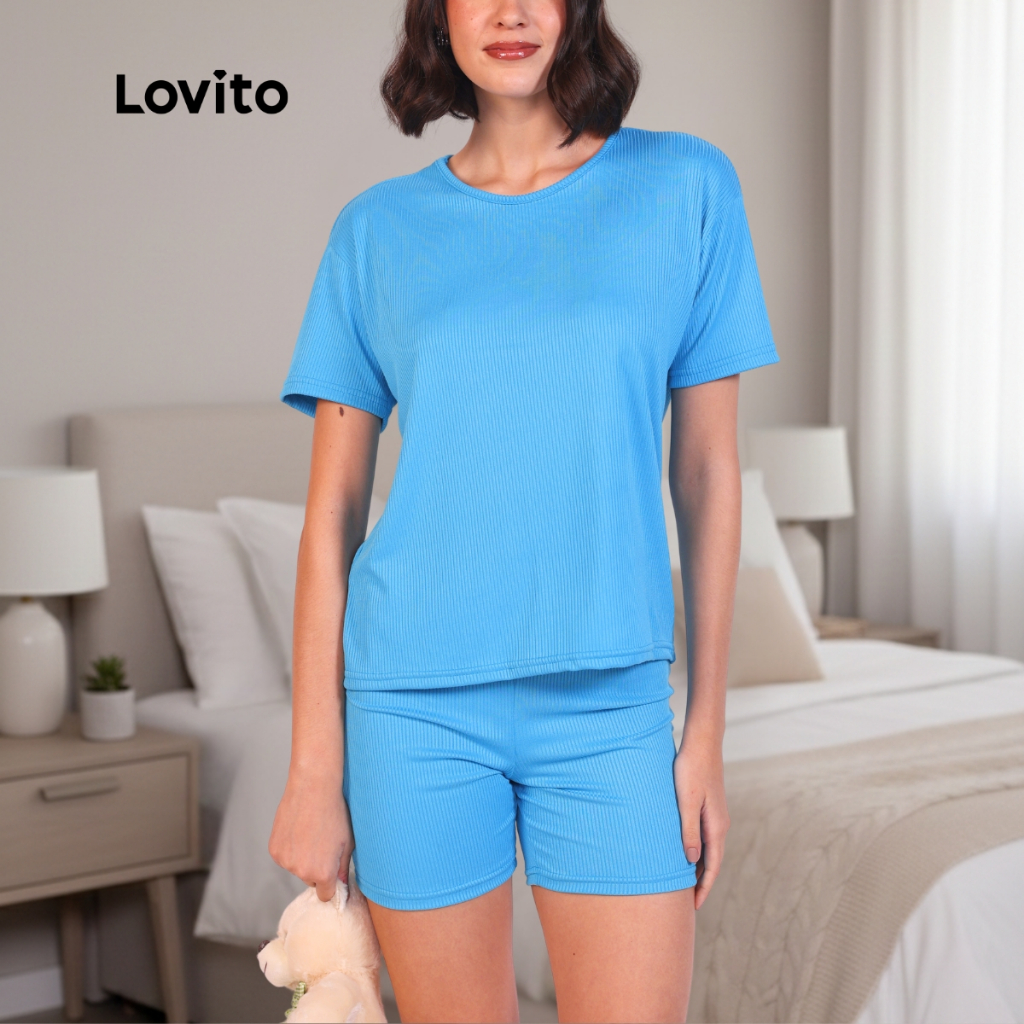 Lovito Pijama Feminino em tecido Canelado Manga Curta PJB718BRL748 em Oferta na Shopee