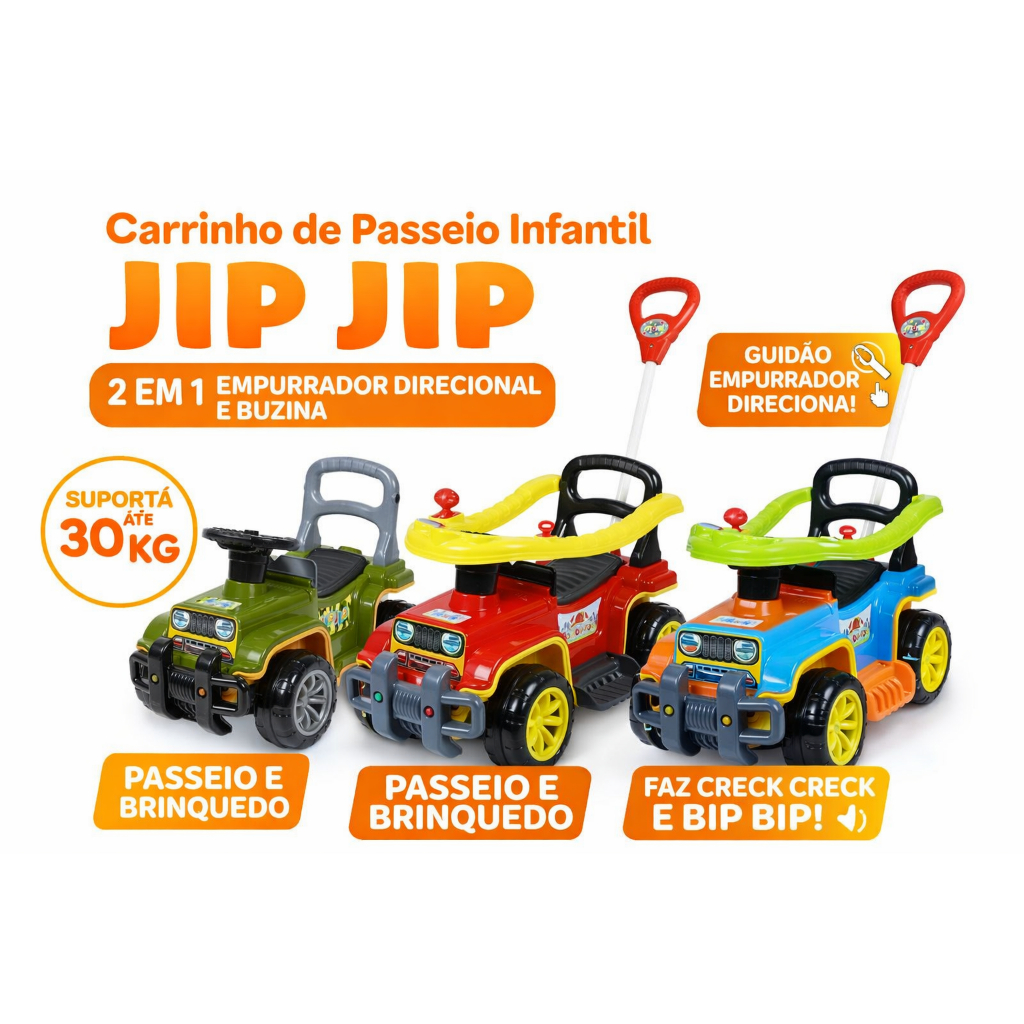 Carrinho de Passeio Infantil Jip Jip 2 em 1 com Haste Empurrador Guidão Direcional e Buzina