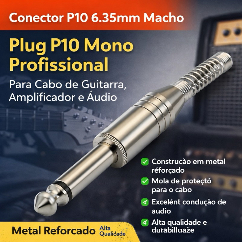 kit 20 Plug P10 Mono Macho de Metal para Cabo de Áudio – Conector Profissional
