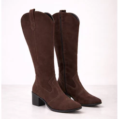 Bota Feminina Cowboy Cano Longo Camurça Salto Bloco Conforto Estilo