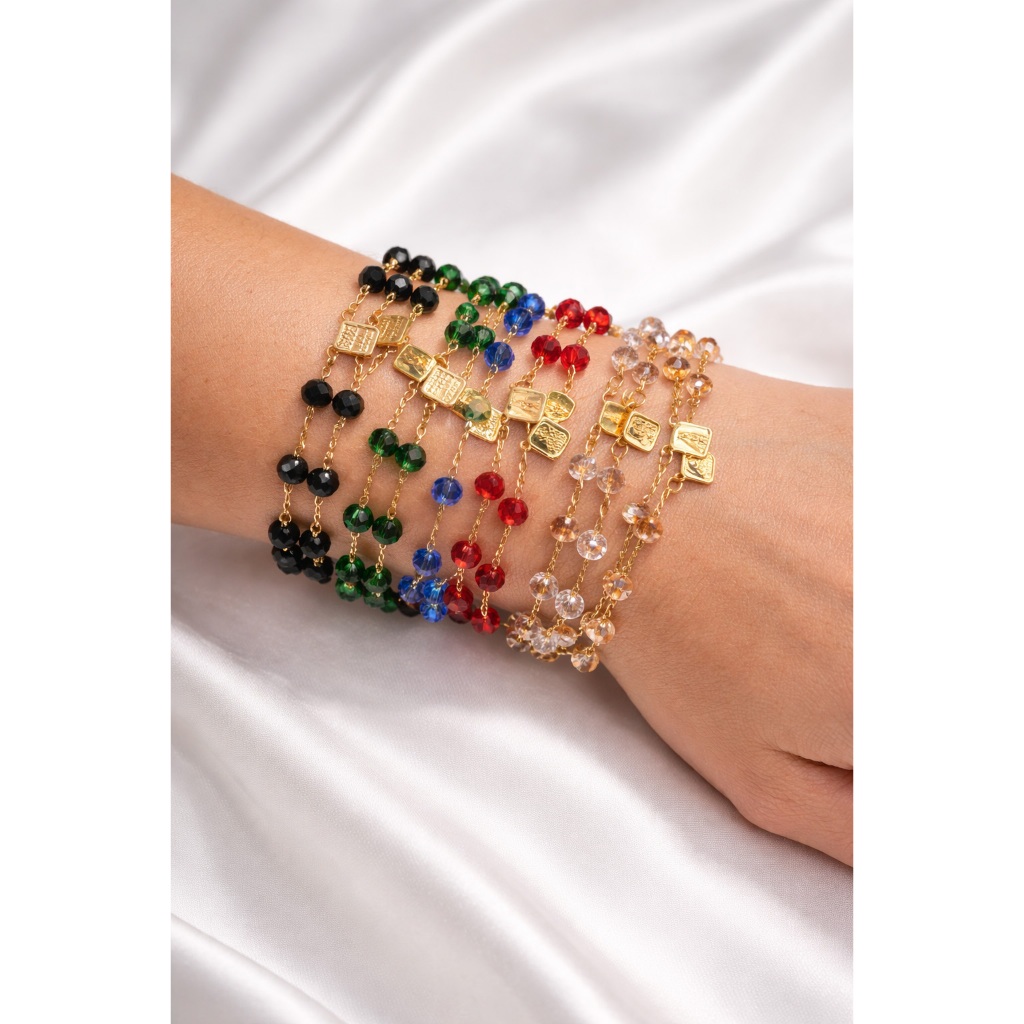 Pulseira Escapulário Feminina Folheada a Ouro Nossa Senhora Aparecida Cristal 22cm