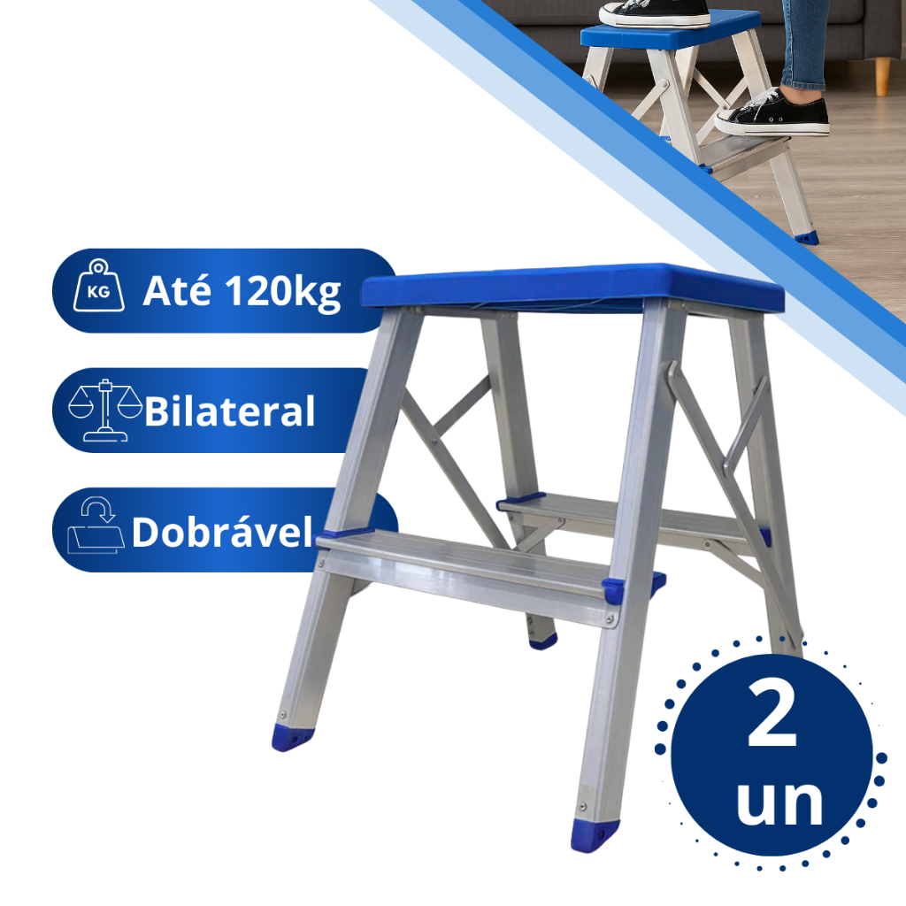 Promoção 2 Escada banqueta Bilateral Prática de alumínio Resistente 1 degraus + patamar Alumasa