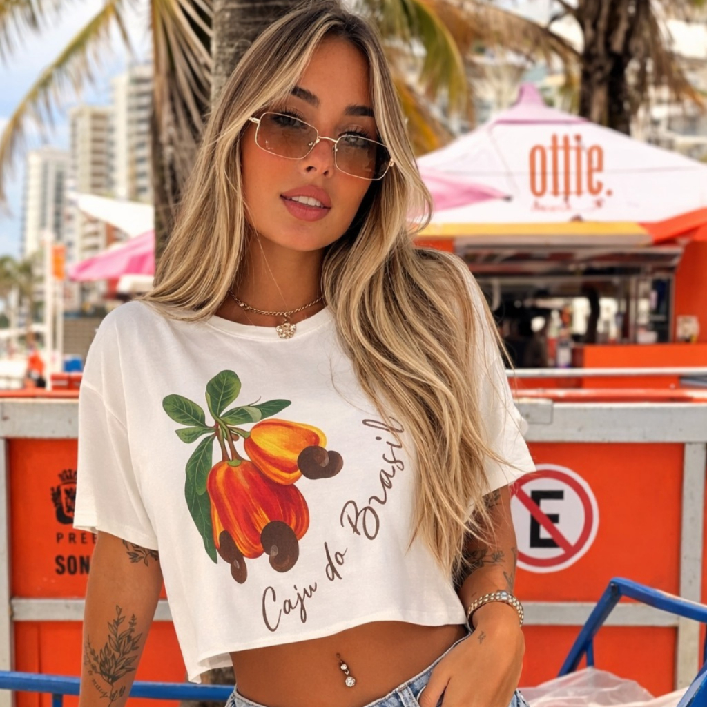 Cropped Oversized Feminino 100% Algodão Caju Do Brasil Estilo Streetwear Confortável e Estiloso