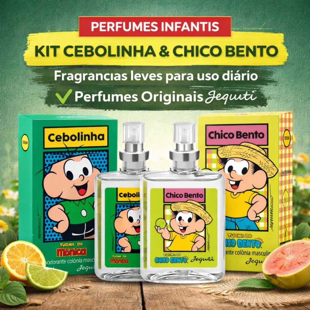 Kit Perfumes Cebolinha + Chico Bento Jequiti 25ml Original Turma da Mônica Colônia Infantil Masculina Cheiro Fresco