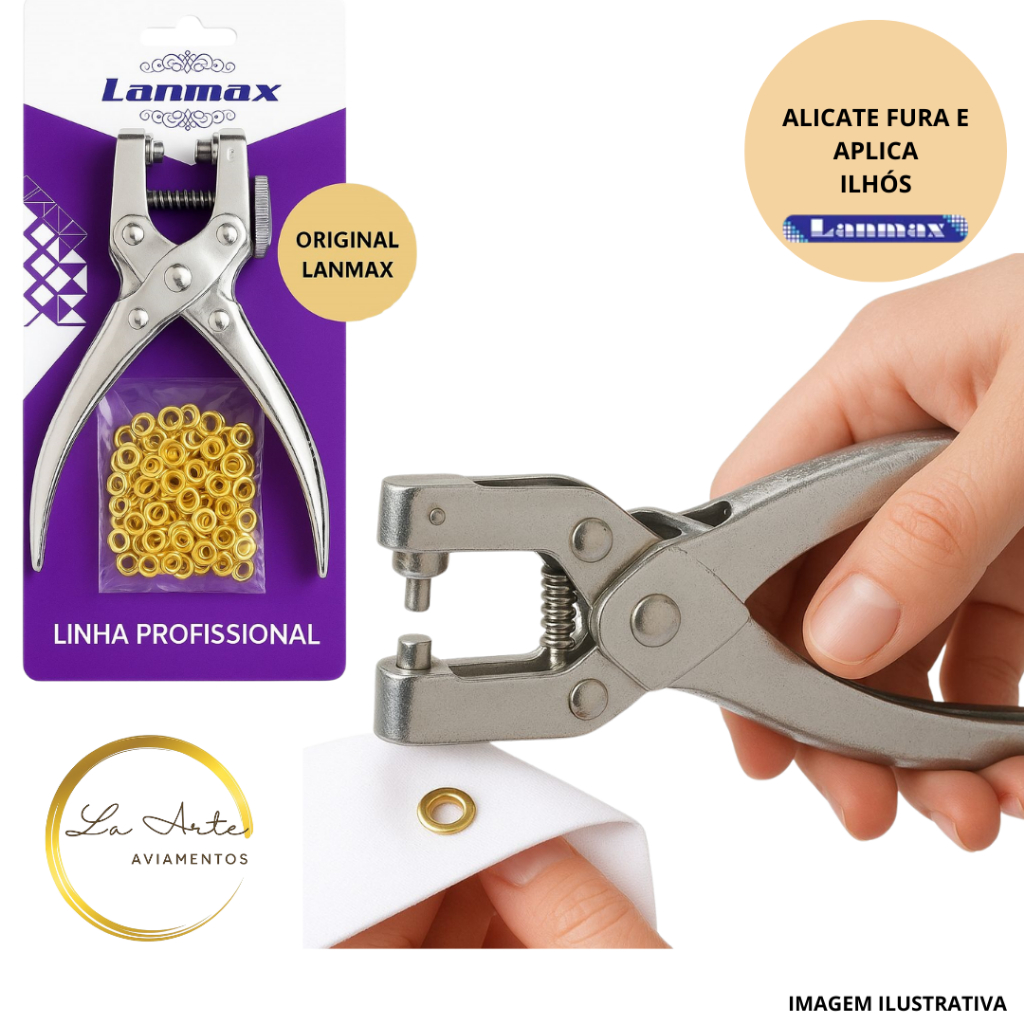 Alicate Ilhós Lanmax Fura e Aplica + 100 Ilhós Dourado