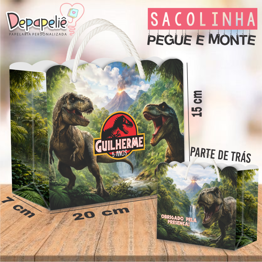 Sacolinha PEGUE E MONTE Personalizada 20x15x7cm Dinossauro Jurassic Park Lembrancinhas Sacola Brinde Infantil