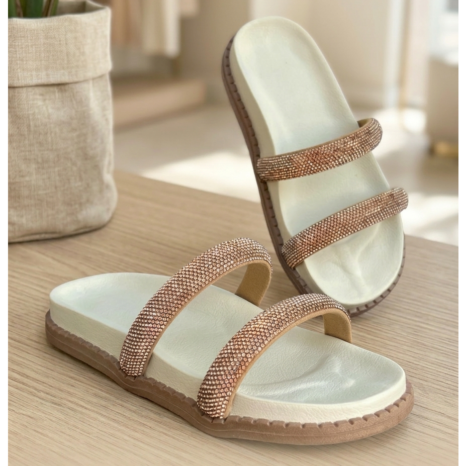 Sandália Papete Feminina Birken com Strass Brilhante Confortável Macia Rasteira Tendência Verão