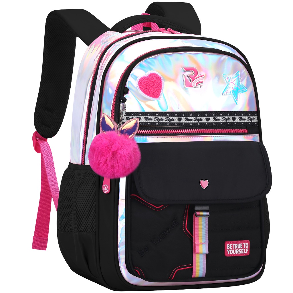 Mochila Infantil Feminina com Pompom Holográfica Fofa Grande Capacidade Escolar Resistente Colorida