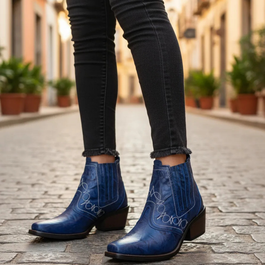 Bota Country Feminina Montaria Vaquejada Cavalgada Botina Cor Azul Couro Legitimo Solado Costurado Leve Macia Forte 3736