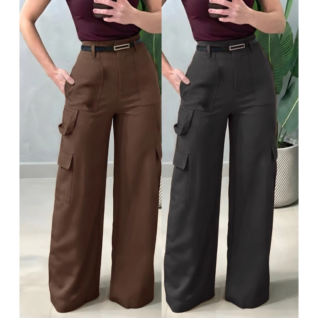 Calça Pantalona Feminina Social em Alfaiataria Cargo Wide Leg Casual Para Trabalhar