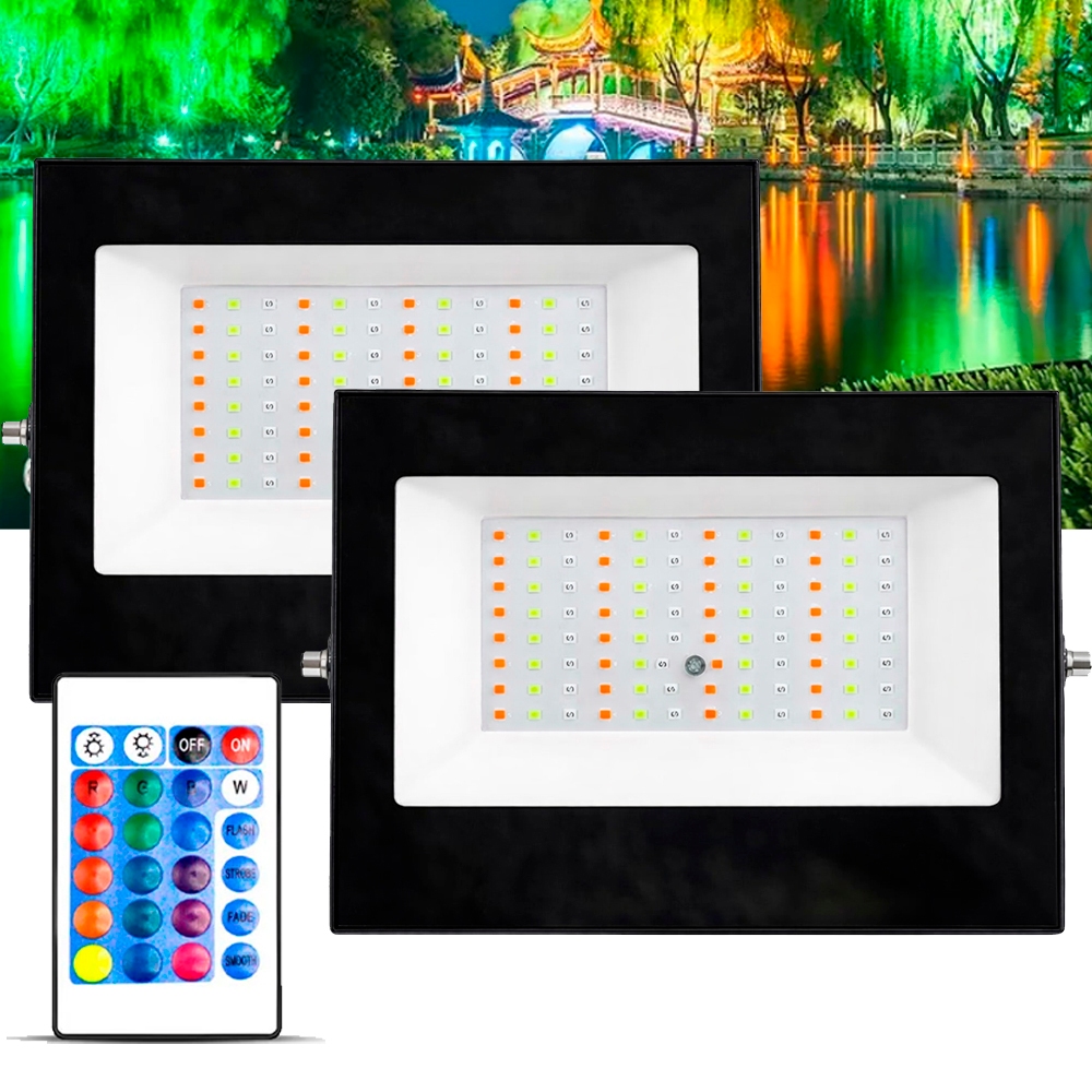 Kit 2 Refletores Led Rgb 100w Colorido Para Fachadas Outdoors com Controle Remoto
