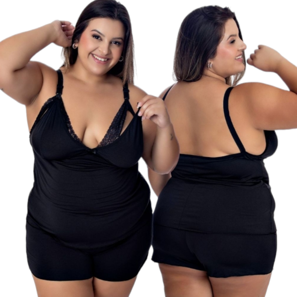 Baby Doll Amamentação Plus Size Pijama Gestante Maternidade pós parto abre fácil Gestante Lactante