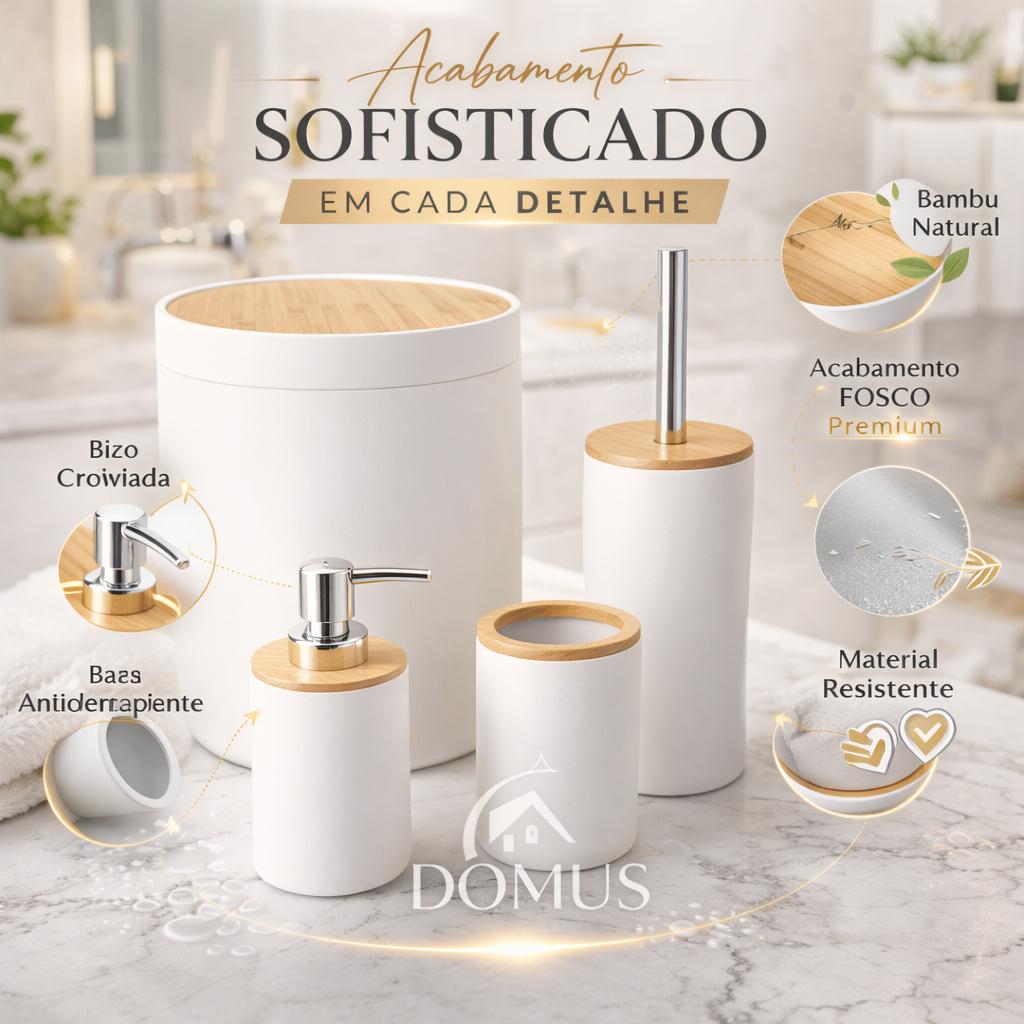 Conjunto Banheiro 2 4 Peças Preto e Branco com Bambu Lixeira Escova Sanitárias Saboneteira Porta
