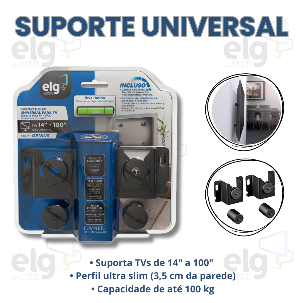 Suporte Fixo Universal TV 14 até 100 Polegadas ELG Genius Original Reforçado Parede Alta Resistência