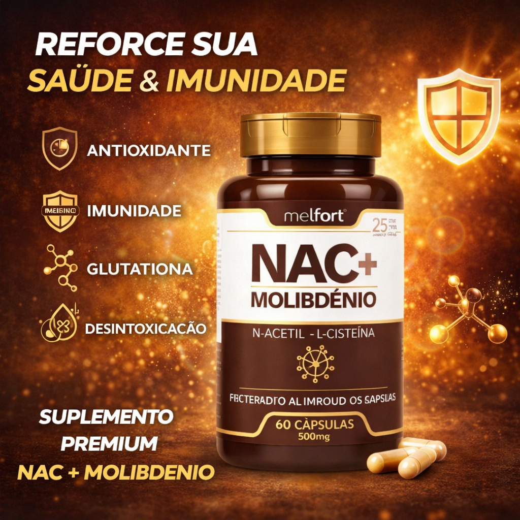 NAC 500mg com Molibdênio Melfort 60 Cápsulas – Glutationa Imunidade Fígado Detox Antioxidante