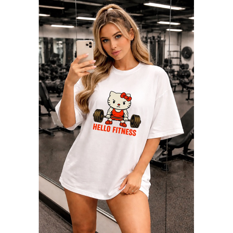 Camiseta Oversized Feminina Fitness Estampada Hello Kitty T-shirt  Streetwear Academia Treino Premium Confortável