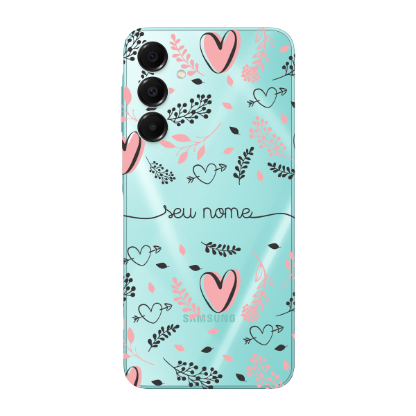 Capinha para Samsung A16 Anti Impacto Personalizada - Coração e Folhas rose com nome