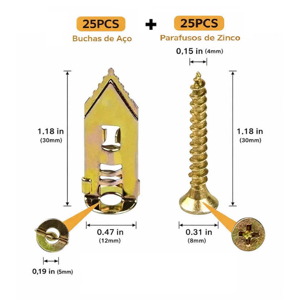 Kit 50 Parafusos de Expansão 4x30mm Para Gesso Drywall Com Bucha Metálica Âncora