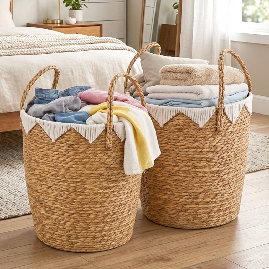 Cesto Organizador Fibra Natural Roupa Suja Brinquedo Banheiro Decorativo Grande Com Alça Dupla Palha