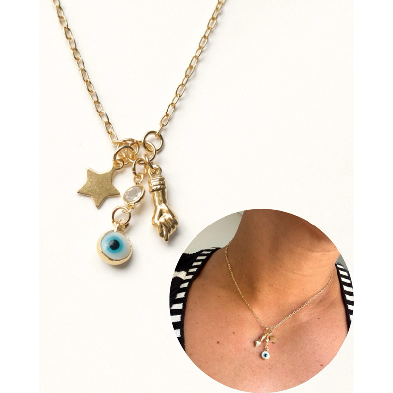 Colar Feminino Patuá Amuleto Proteção Figa Estrela Olho Grego Folheado a Ouro 18k Antialérgico Com Garantia