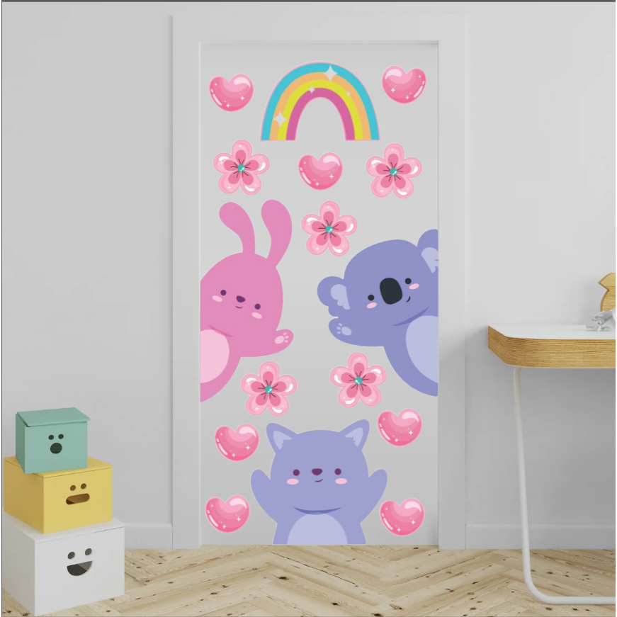 ADESIVO PARA PORTA PAREDE COM RECORTE KIT QUARTO INFANTIL- ADESIVO RECORTE PORTA- BICHINHOS E FLORES ADP01