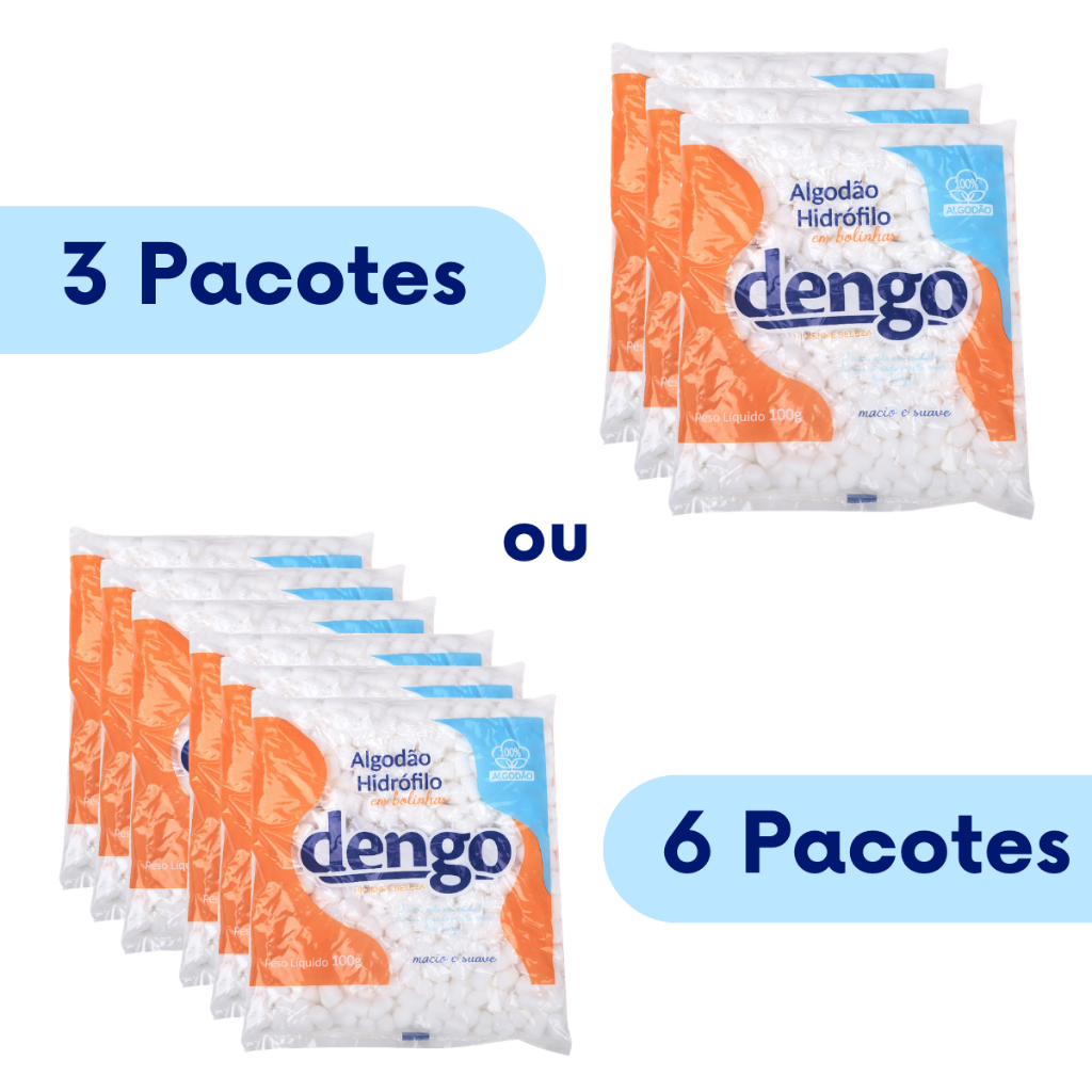 Kit 3 ou 6 Pacotes Algodão Em Bolas Macio e Suave Dengo 100g Higiene Maquiagem Manicure Esmalte Bebê
