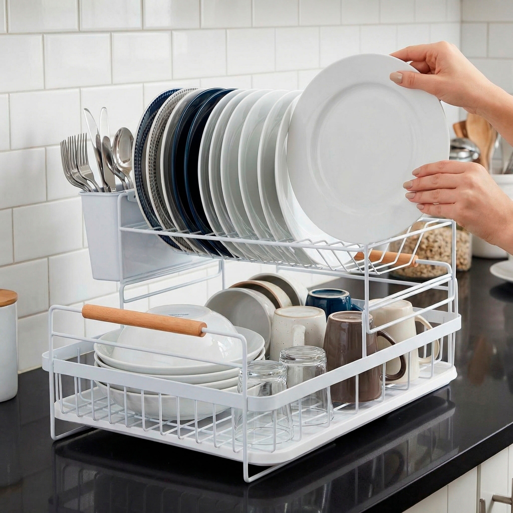 Escorredor de pratos Louca Secador de Louça com bandeja escoamento organizador de Pia Preto e Branco