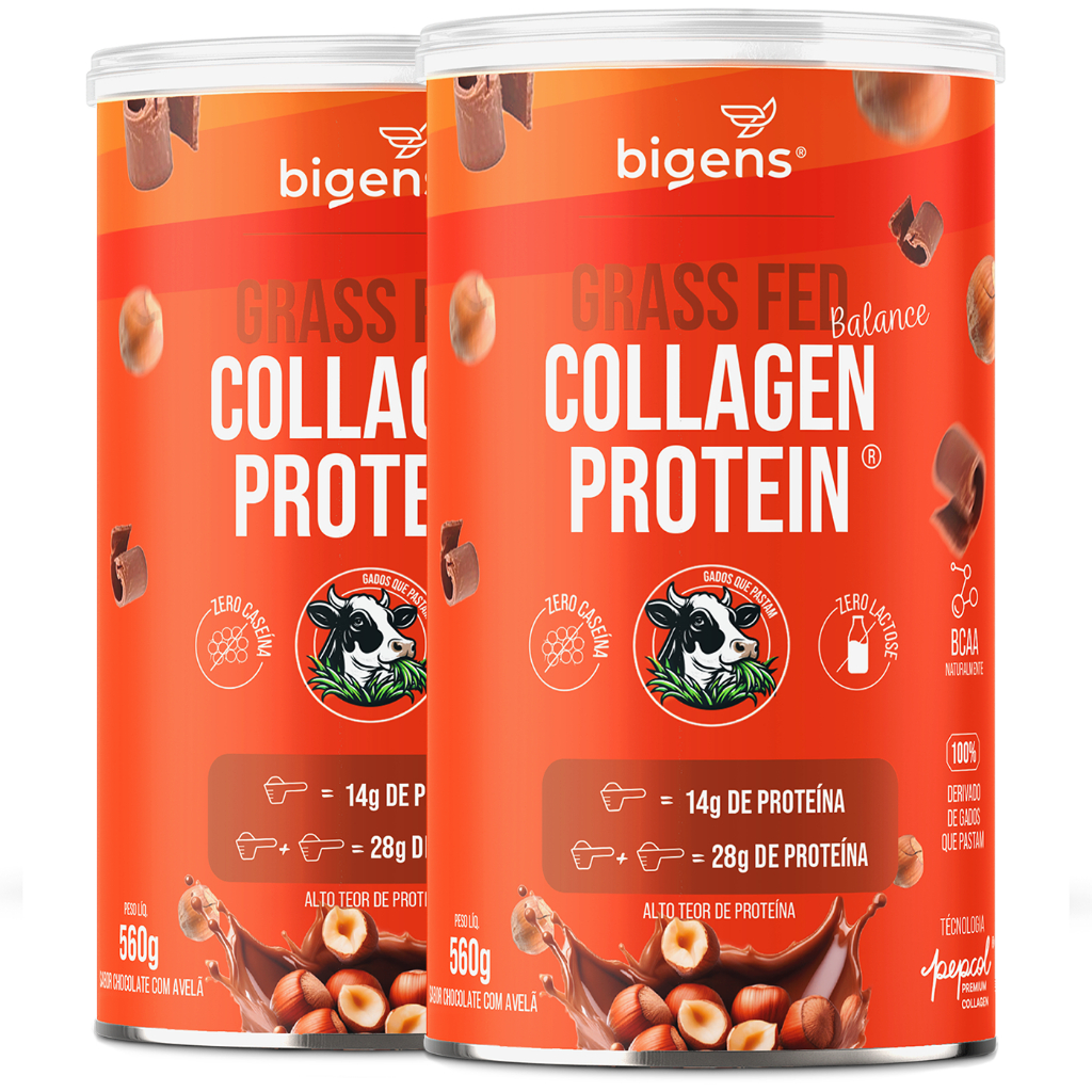 Kit 2x Grass Fed Balance Collagen Protein® 28g Proteína | Colágeno Pepcol®| Chocolate Avelã | 560g Bigens