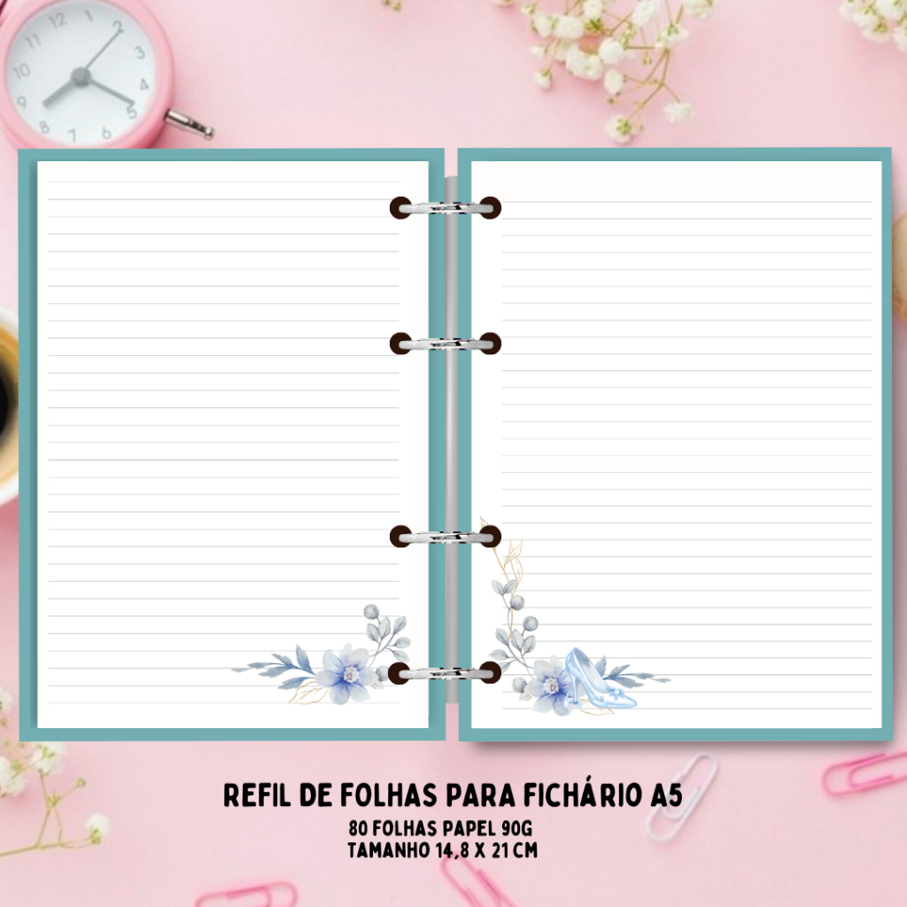 REFIL DE FOLHAS PARA FICHÁRIO - TEMA: CINDERELA (A5 E COLEGIAL)