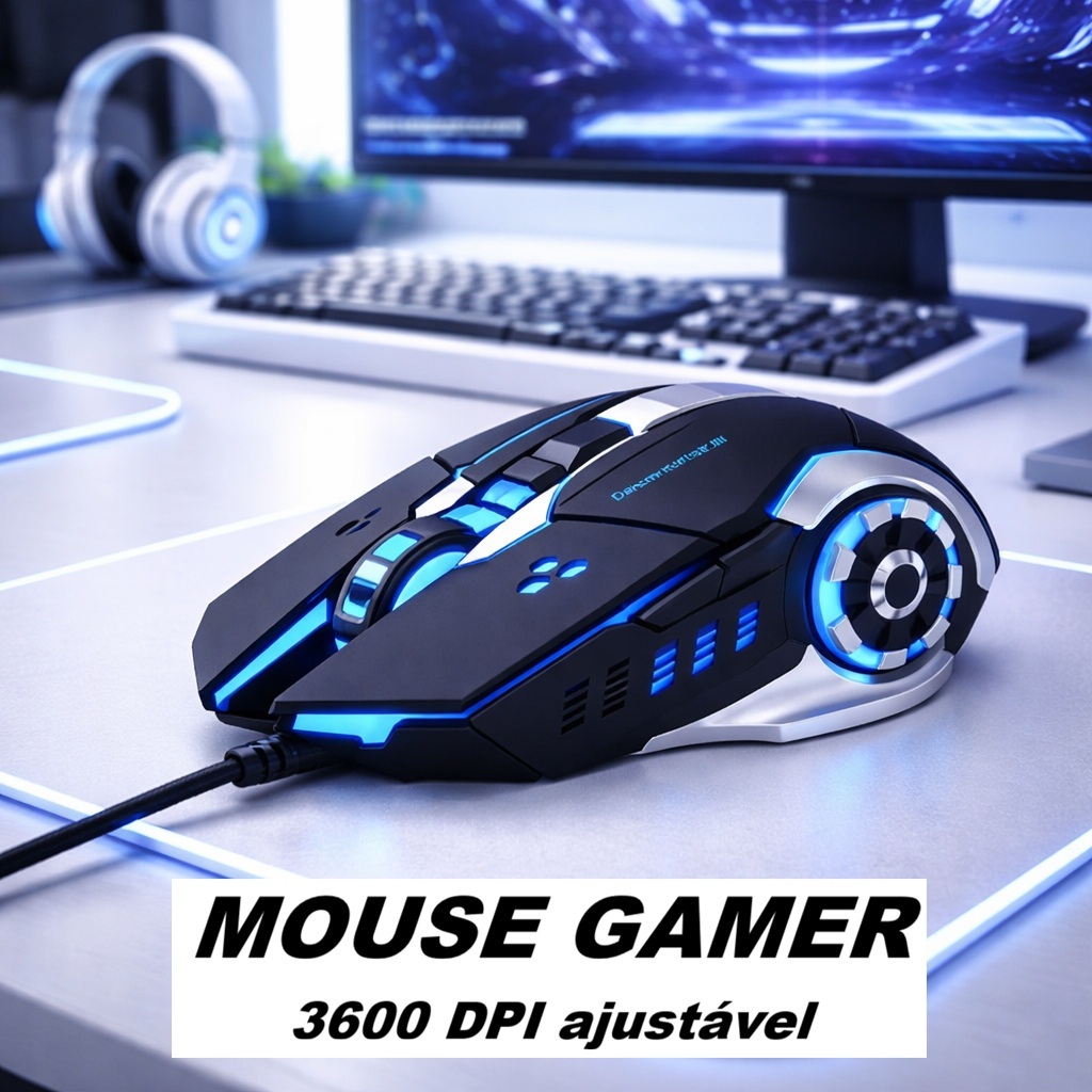 Mouse Gamer 3600 DPI ajustável 6 Botoes Com LED Iluminado RGB Com Fio USB Para Jogos