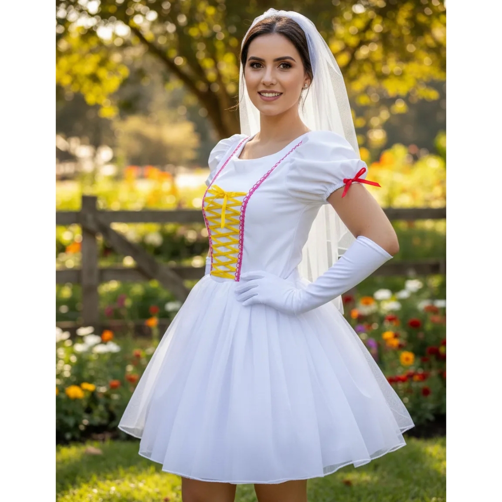 Fantasia Vestido De Noiva De Festa Junina Caipira Com Luva E Véu curto