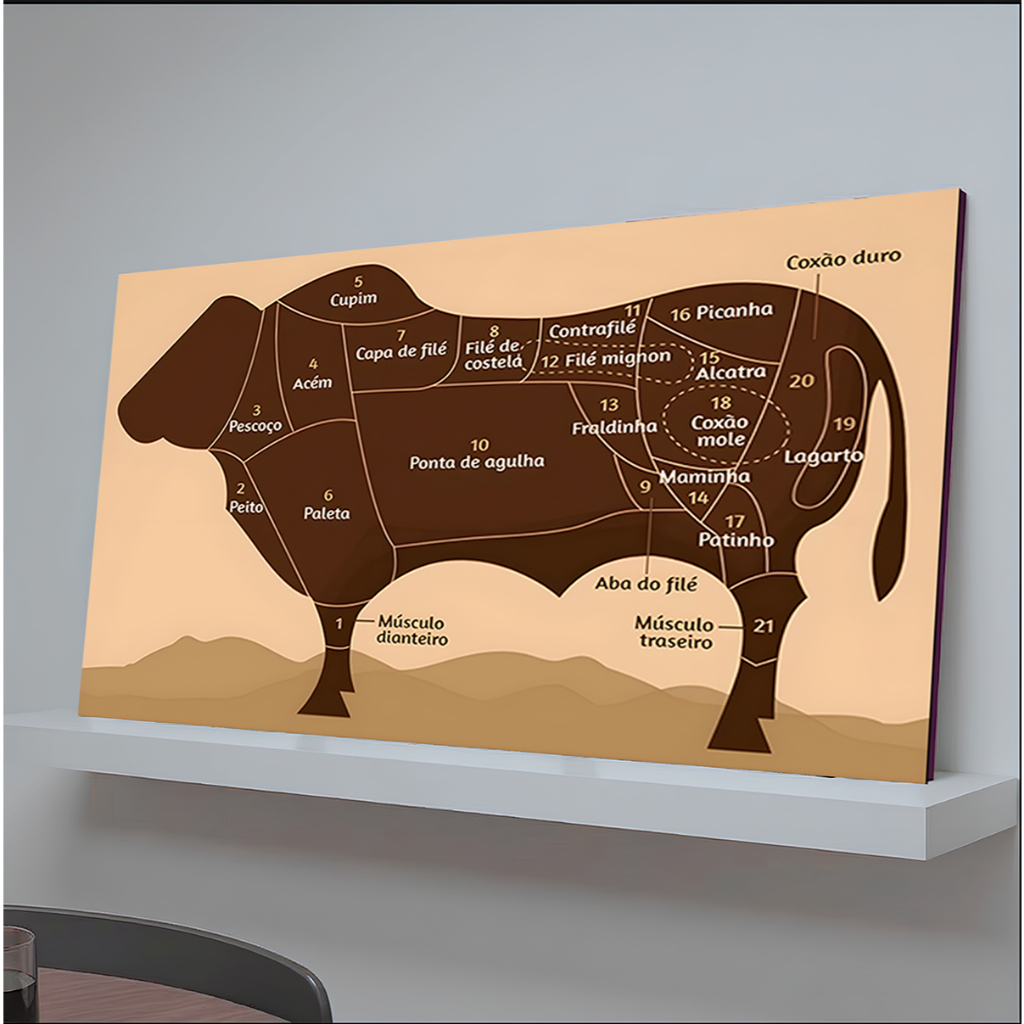 Quadro Decorativo Boi Gado Cortes Da Carne Churrasco Área De Lazer Sala Cozinha