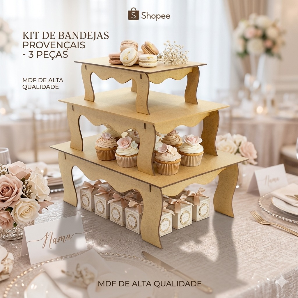 Kit 3 Mesas Banquinho Festa Provençal MDF Expositores Suporte Doces Bolo Decoração Aniversário Infantil Facíl Montagem