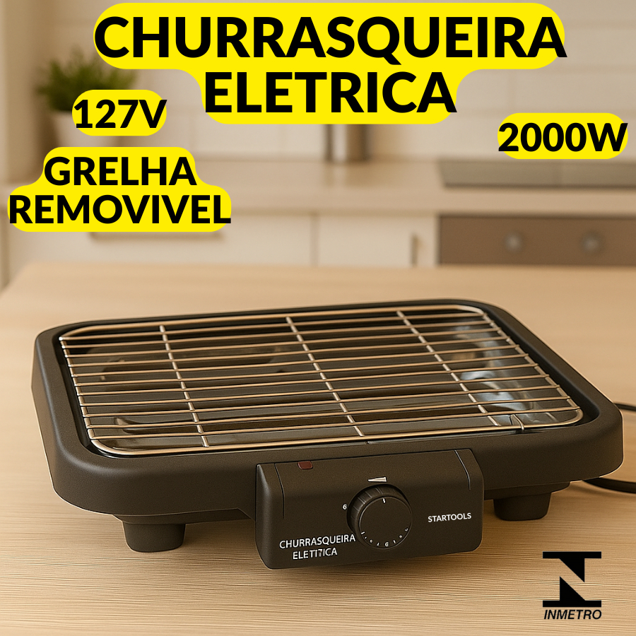 Churrasqueira Eletrica 40,7x34,5cm 127V 220V 2000W Portátil Sem Fumaça Regulagem De Temperatura