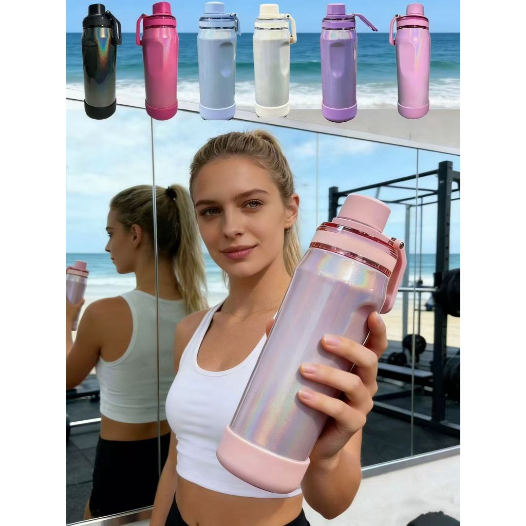 New Garrafa Térmica Inox 650ML/850ML l Esportiva Academia com Capa Silicone Gelada Quente Tinta arco-íris brilhante